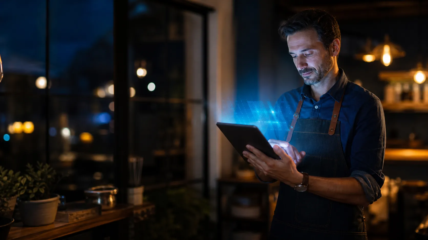 A small-business owner reviewing their business on a tablet with an AI data glow
